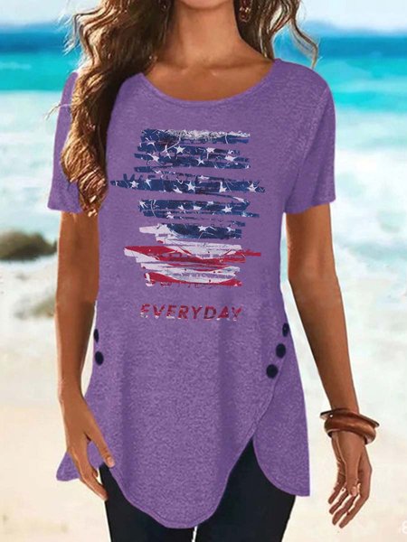 

American Flag Cotton Blends Crew Neck T-Shirt, Purple, T-shirts