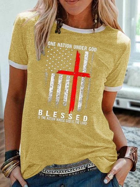 

One Nation Under God, Blessed Is The Nation Whose God Is The Lord, Regular Fit Casual Crew Neck T-Shirt, Yellow, T-shirts