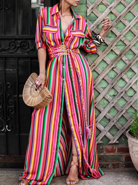 

Holiday Striped Color Block Loosen Shirt Collar Dress, Stripe, Maxi Dresses