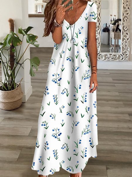 

Casual Holiday Flora Printed Short Sleeve V-neck Maxi Dresses, White, Dresses