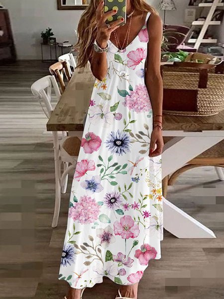 

Summer Floral Design Suspender V-neck Maxi Dress, White, Dresses