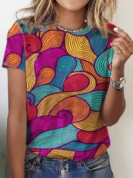 

Boho Crew Neck Color Block Tops, Multicolor, T-Shirts