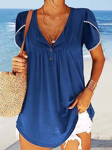 

Tulip Sleeve Design V-Neck Loose Short Sleeve Top, Blue, Shirts & Blouses