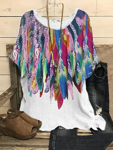 

Colorful Feather Vintage Casual Loose Round Neck T-Shirt, White, Shirts & Blouses