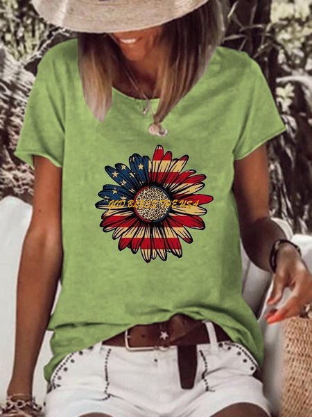 

American Flag God Bless Loosen Casual Letter T-Shirt, Green, T-shirts