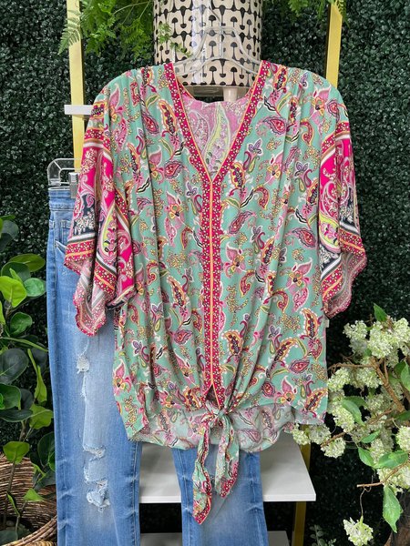 

Loose Paisley Printed Casual Vacation Half Sleeve V-neck Tops, Green, Shirts & Blouses