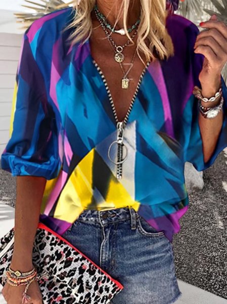 

Loosen Shirt Collar Color Block Long Sleeve Blouse, Multicolor, Tops