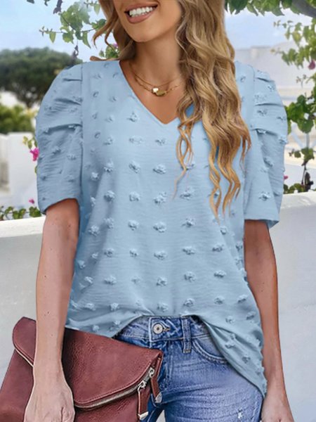 

Vacation Crew Neck Solid Blouse, Blue, T-Shirts