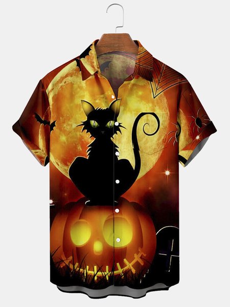 

Men's Halloween Pumpkin Cat Print Casual Breathable Short Sleeve Shirt, Brown, Short Sleeve Shirts