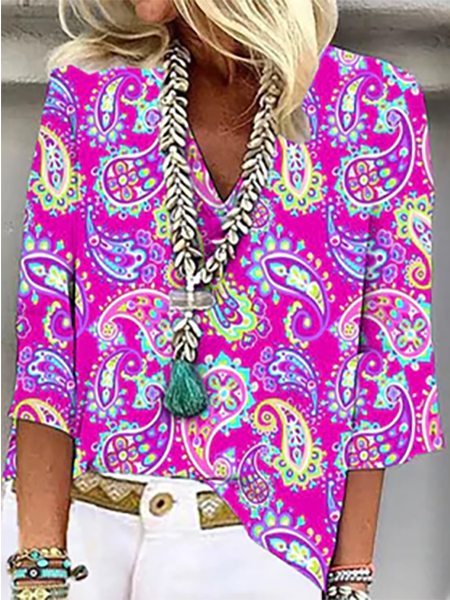 

Floral V Neck Loosen Casual Tops, Multicolor, Shirts & Blouses