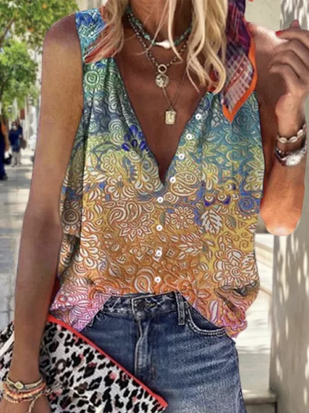 

Vacation Loosen Tribal V Neck Blouse, Multicolor, Shirts & Blouses