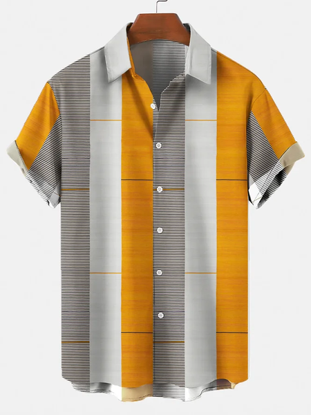 

Casual Art Collection Geometric Stripes Color Block Pattern Lapel Short Sleeve Shirt Print Top, Yellow, Men's Floral shirt