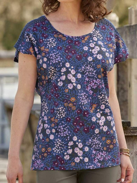 

Floral Casual Vacation Crew Neck T-Shirt, Purple, Tunics