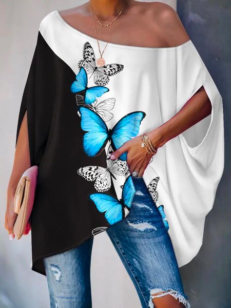 

Vacation Butterfly Short Sleeve Printed Color Block Top, As picture, Tops