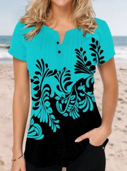 

Loosen Floral Crew Neck Short Sleeve Tops, Multicolor, Tops