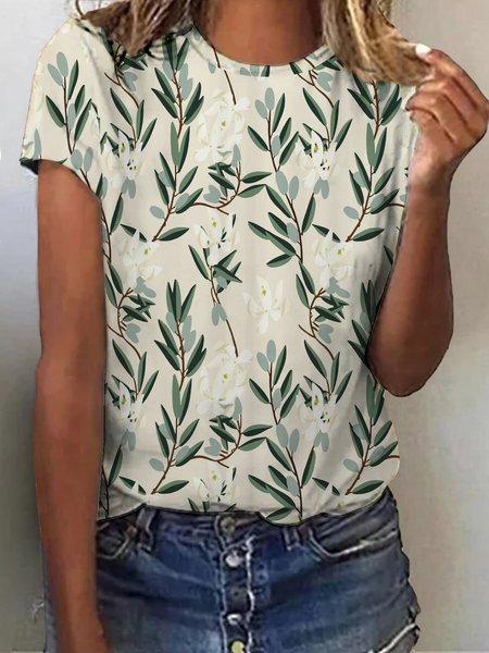 

Casual Floral And Leaves Regular Fit T-Shirt, Green, T-Shirts