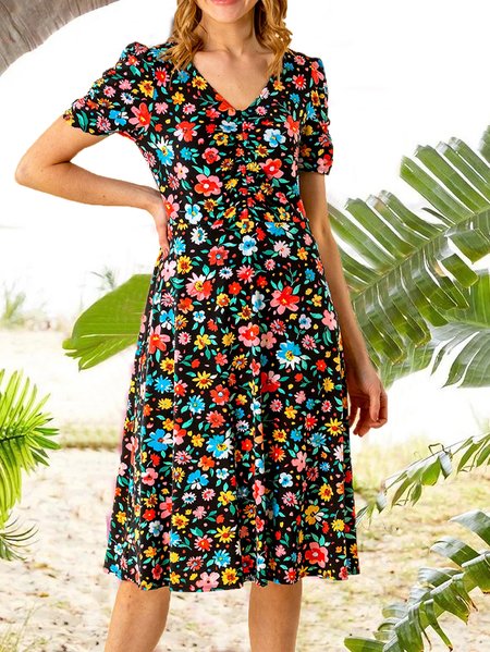 

Vacation Floral V Neck Dresses, Multicolor, Dresses