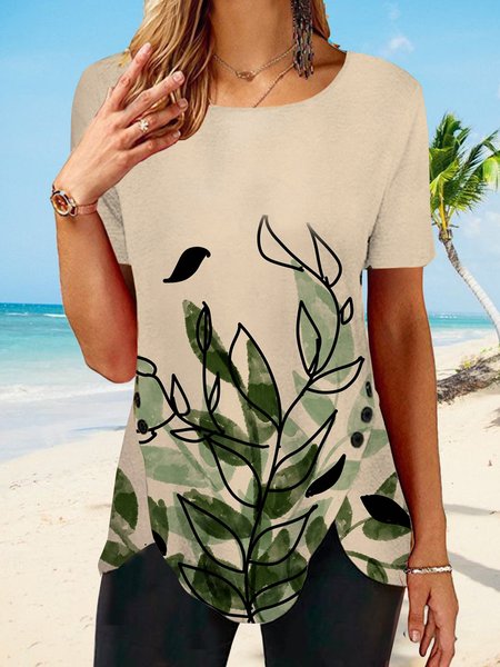 

Ink color flower Lake irregular branches and leaves nail button blouse T-shirt tunic, Multicolor, T-Shirts