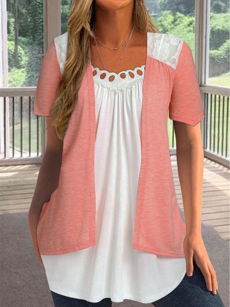 

Casual Plain Lace Panel Sling & Cardigan Jacket, Pink, Suit Set
