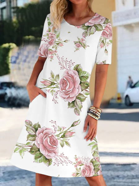 

Casual Floral Crew Neck Dresses, White, Dresses