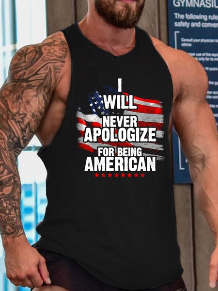 I Will Never Apologize For Being American Crew Neck Casual Tank Top, Black, Tank Tops