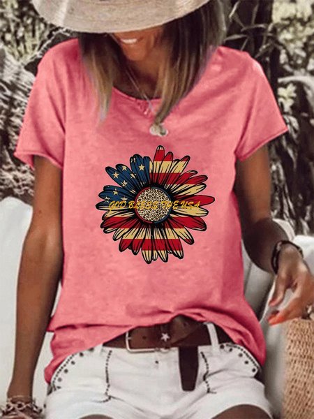 

American Flag God Bless Loosen Casual Letter T-Shirt, Pink, T-shirts