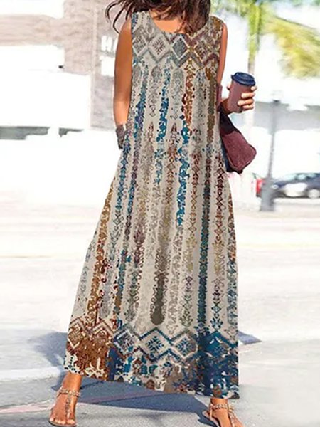 

Tribal Crew Neck Loosen Vacation Dresses, Multicolor, Dresses