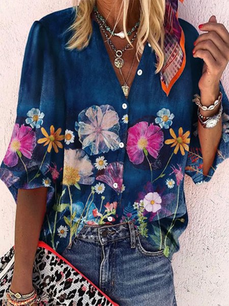 

Floral Loosen Cotton Blends Blouse, Blue, Shirts & Blouses