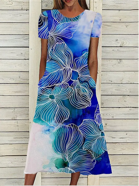 

Floral Loosen Crew Neck Dresses, Multicolor, Dresses