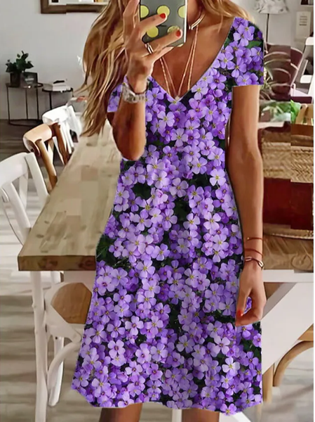

Ditsy Floral Jersey V Neck Casual Dress, Multicolor, Dresses