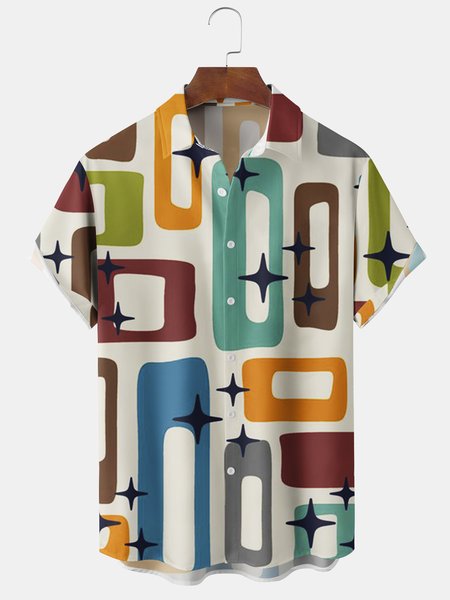 

Men's Abstract Geometric Print Casual Breathable Short Sleeve Shirt, Apricot, Men's Floral shirt