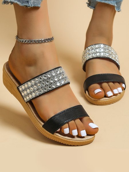Retro Roman Style Shiny Diamond Wedge Heels Slippers, As picture, Sandals