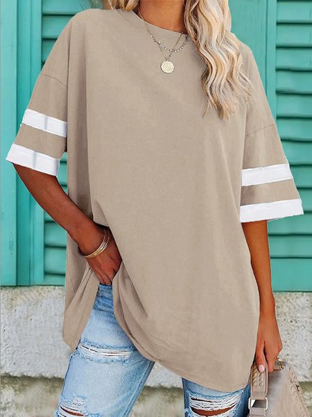 

Casual Crew Neck Color Block T-Shirt, Khaki, T-Shirts