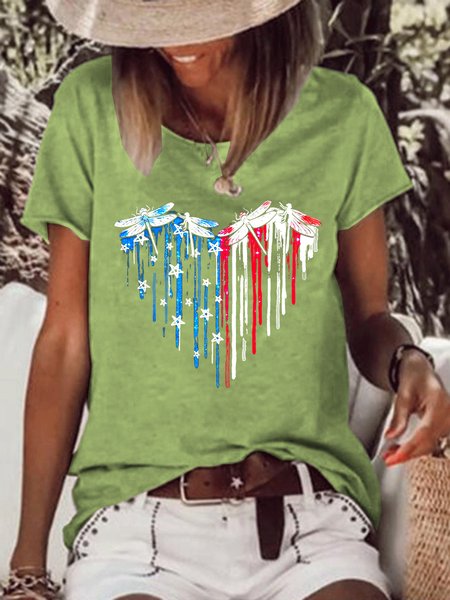 

American Flag Dragonfly Casual T-Shirt, Green, T-shirts