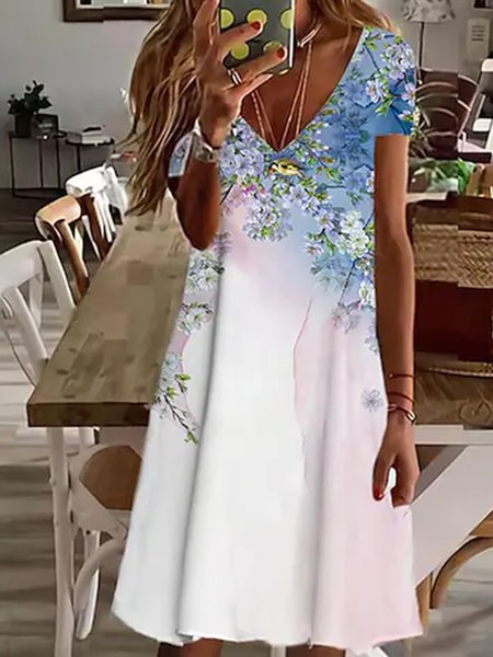 

Floral Loosen Vacation V Neck Dresses, Multicolor, Dresses