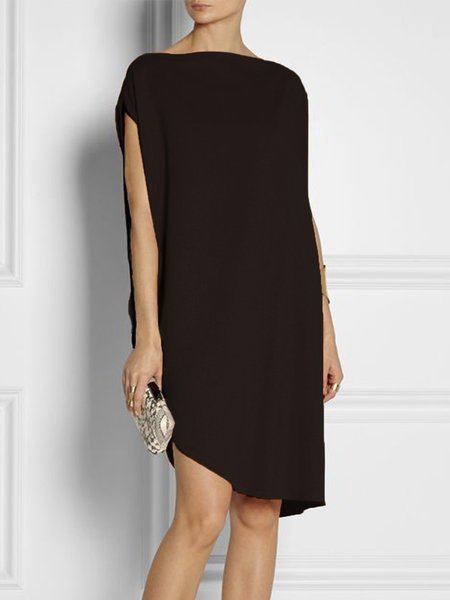 

Simple Loosen Solid Cap Sleeve Knee Dress, Black, Mini Dresses