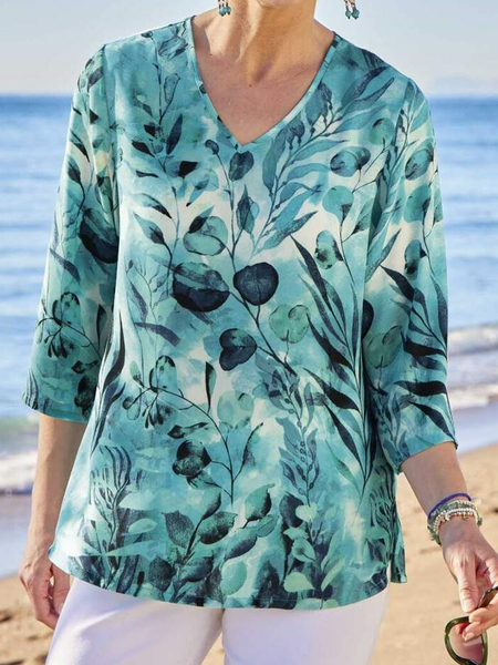 

Vacation Casual Leaves Regular Fit V Neck Tops, Green, Tunics