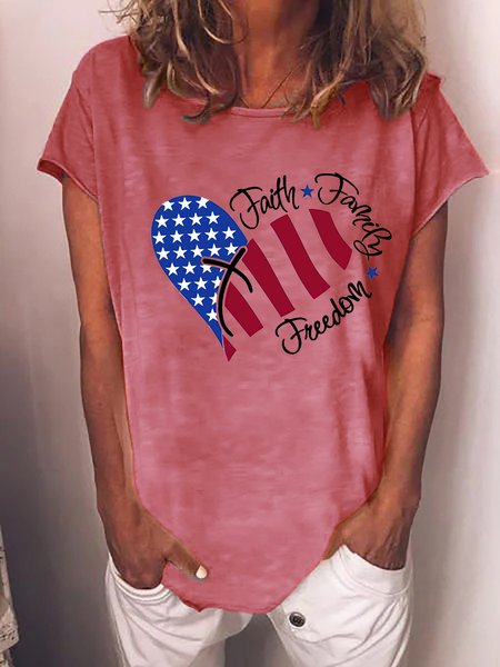 

American flag Faith Heart Cotton Blends Loosen T-Shirt, Pink, T-shirts
