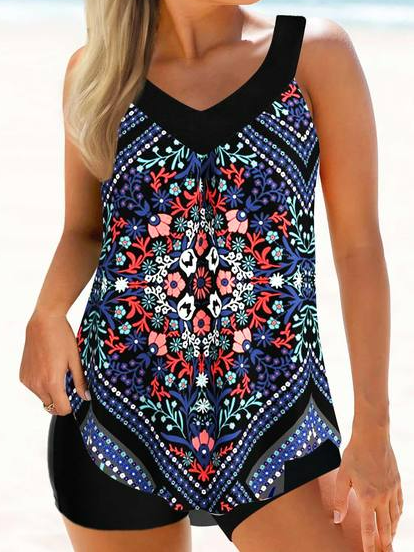 

Casual Regular Fit V Neck Floral Tribal Tanks & Camis, Black, Tanks & Camis