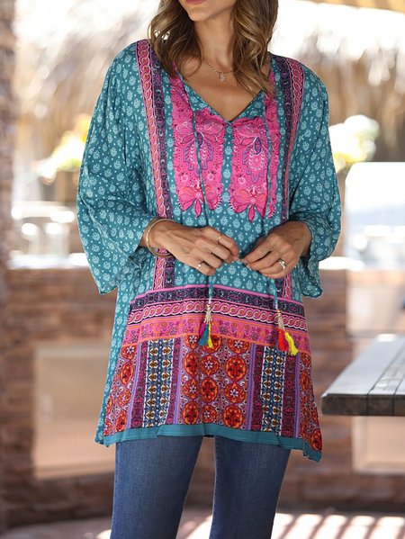 

Casual Patchwork Tribal Printed Three-Quarter Sleeve Tunic Tops, Pink, Tunics