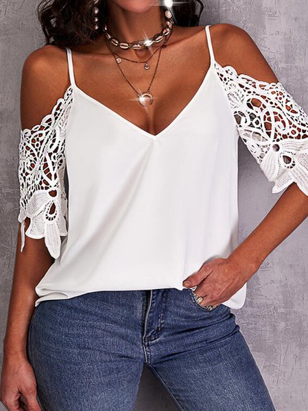 

Hollow Out Guipure Spaghetti Tops, White, Shirts & Blouses