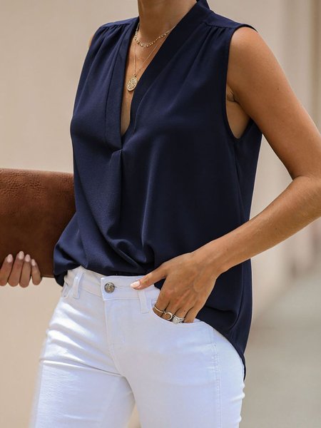 

Sleeveless Loosen Daily Plain V Neck Top, Dark_blue, Tops