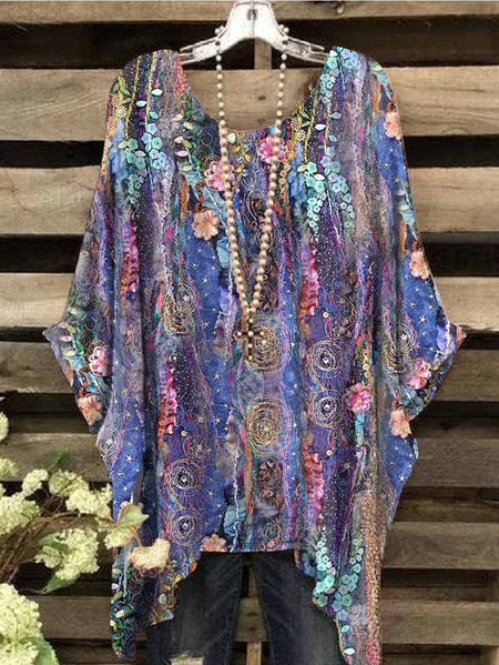 

Purple Vintage Flower Painting Pattern Print Women's Tops, Shirts & Blouses