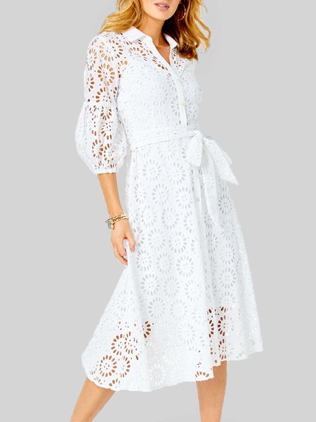 

Holiday Shirt Collar Eyelet Solid Lace Midi Dress, White, Midi Dresses