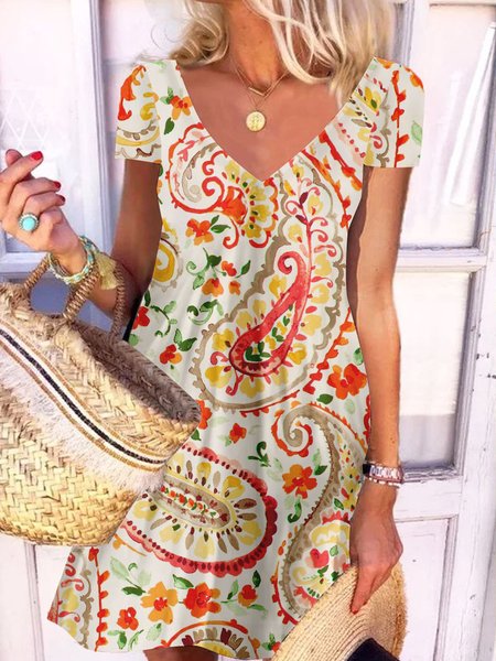 

Vintage Casual Tribal Printed Short sleeve V-neck Dresses, Yellow, Dresses