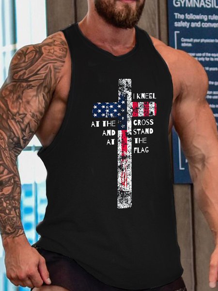 

I Kneel At The Cross And Stand At The Flag Tank Top, Black, Tank Tops