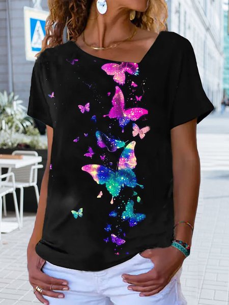 

Butterfly Printed Regular Fit Casual Short Sleeve T-Shirt, Black, T-Shirts