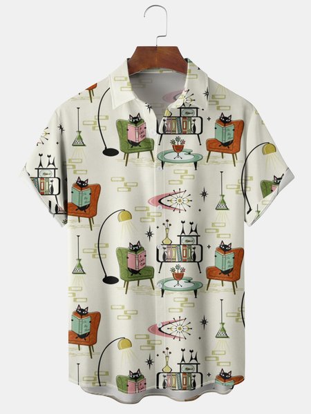 

Men's Geometric Cat Print Casual Breathable Short Sleeve Shirt, Apricot, Men's Floral shirt