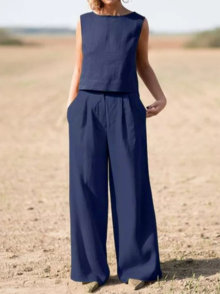 

Casual Round Neck Two Piece Sets, Navy blue, Suit Set