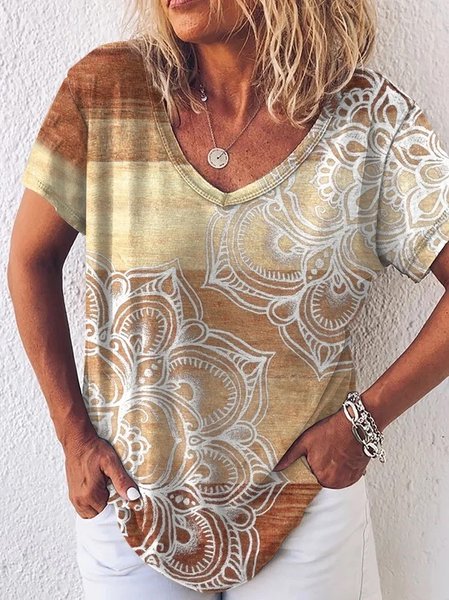 

Casual Tribal V Neck Short Sleeve T-Shirt, Brown, T-Shirts